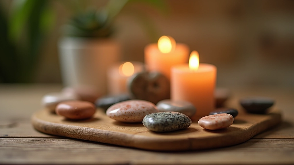 Espace de méditation avec cristaux, bougies et éléments naturels