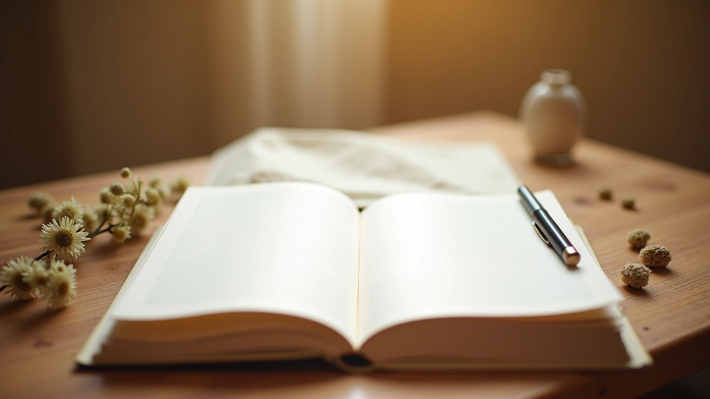 Détail d'un journal de gratitude ouvert avec écriture manuscrite et fleurs séchées
