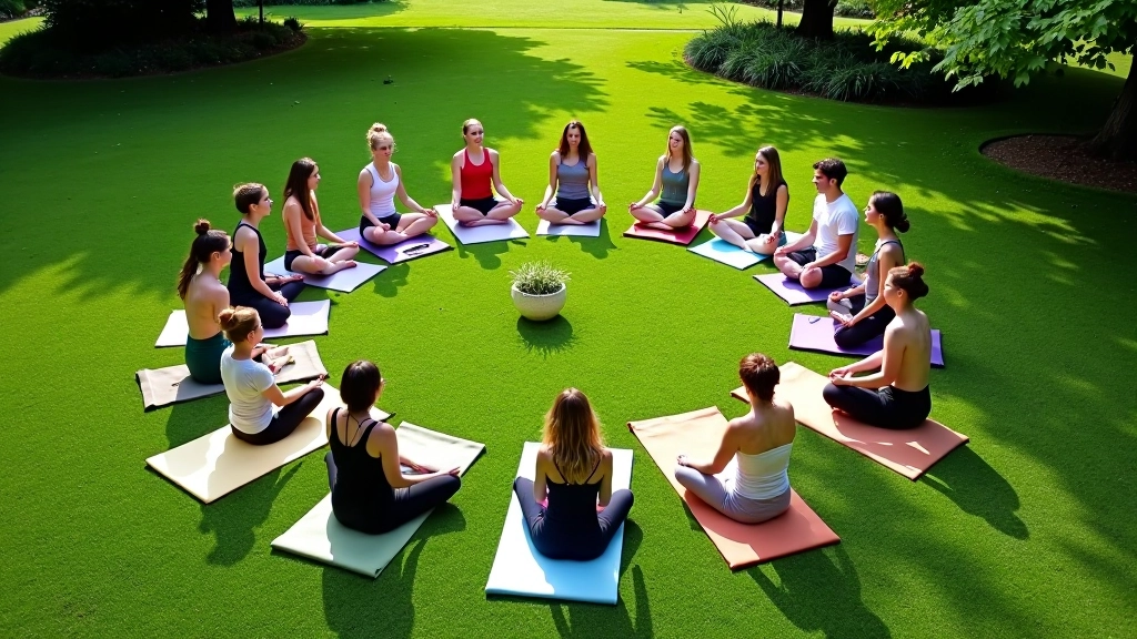Vue aérienne d'une classe yoga en formation circulaire dans la nature
