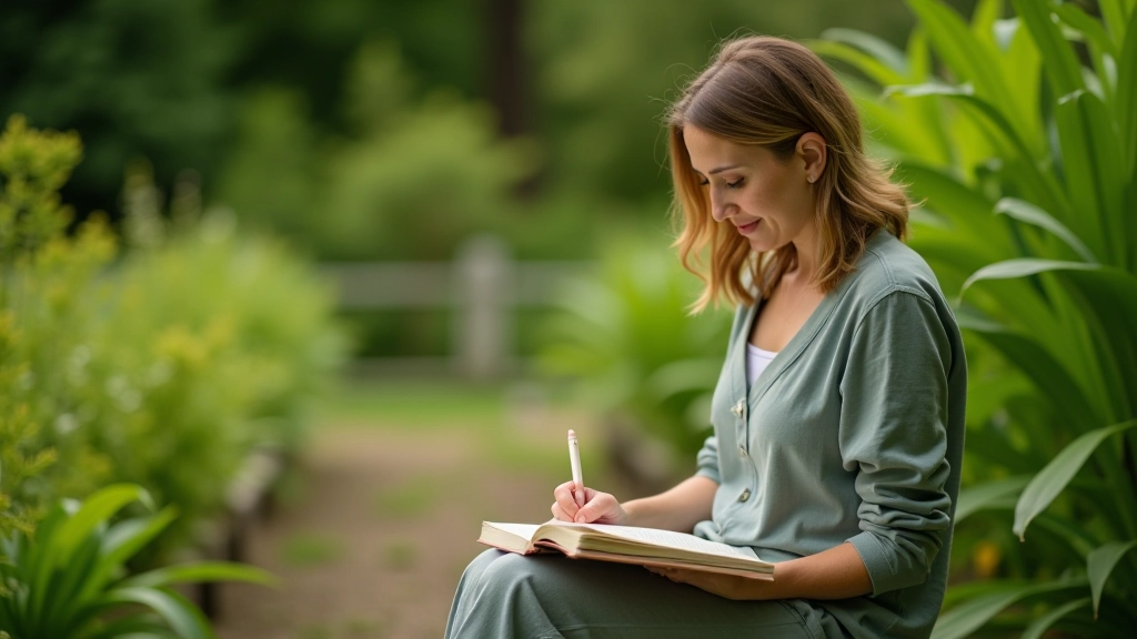 Femme écrivant dans son journal de gratitude dans un jardin paisible