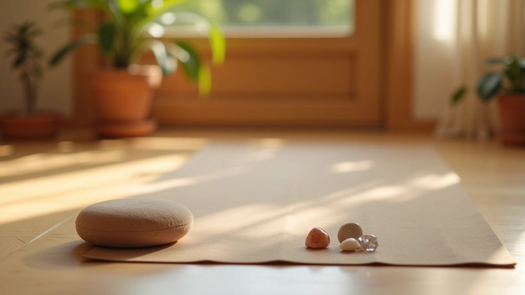 Tapis de yoga et cristaux disposés dans un environnement de méditation paisible